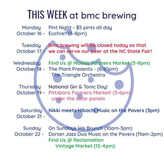 Weekly schedule BMC brewing